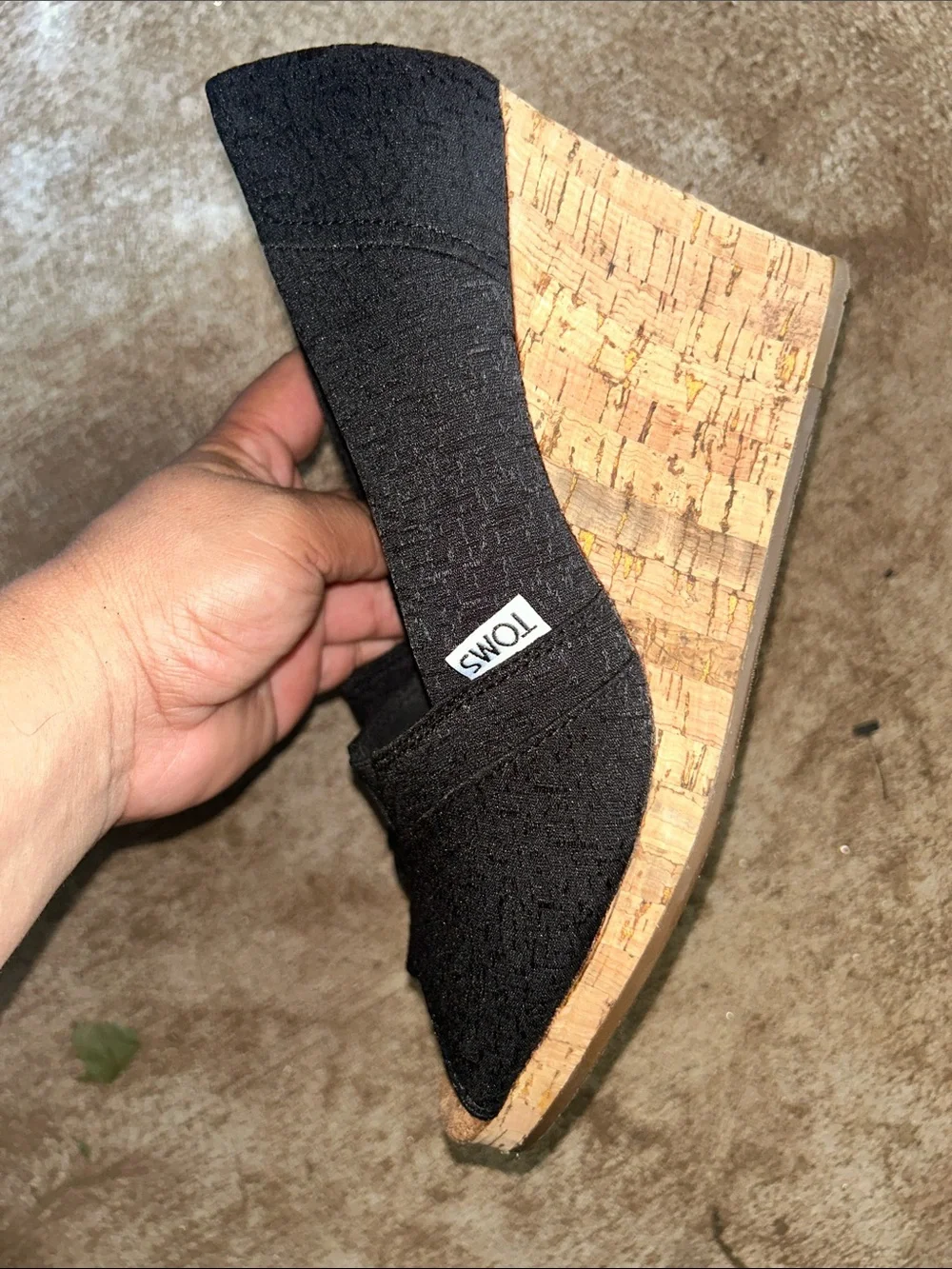 #41. TOMS Black Cork Peep-Toe Wedge Heels